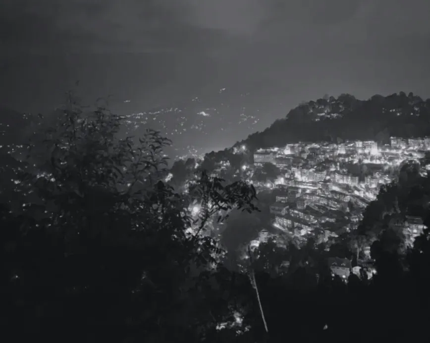 Hill-town lights stacked on a ridge at night (toned)