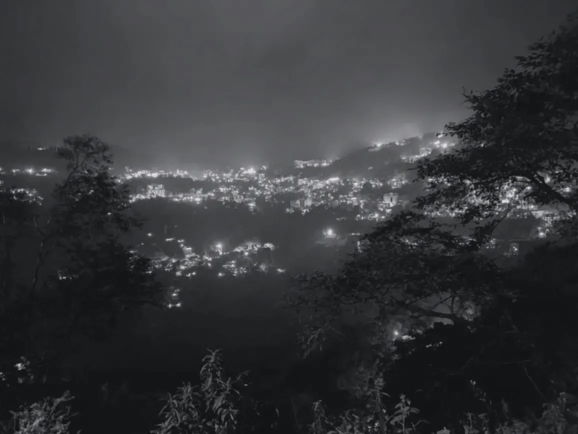 A hillside town lit up at night (toned)