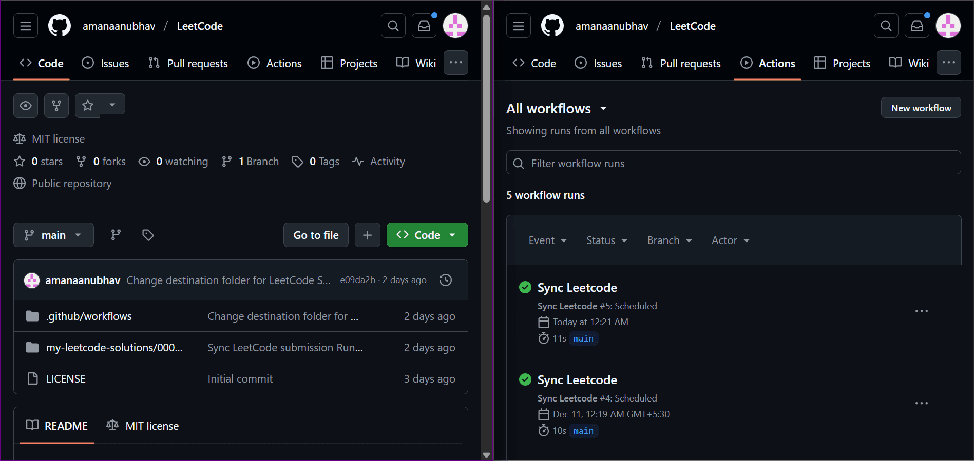 GitHub Actions tab with scheduled Sync Leetcode runs